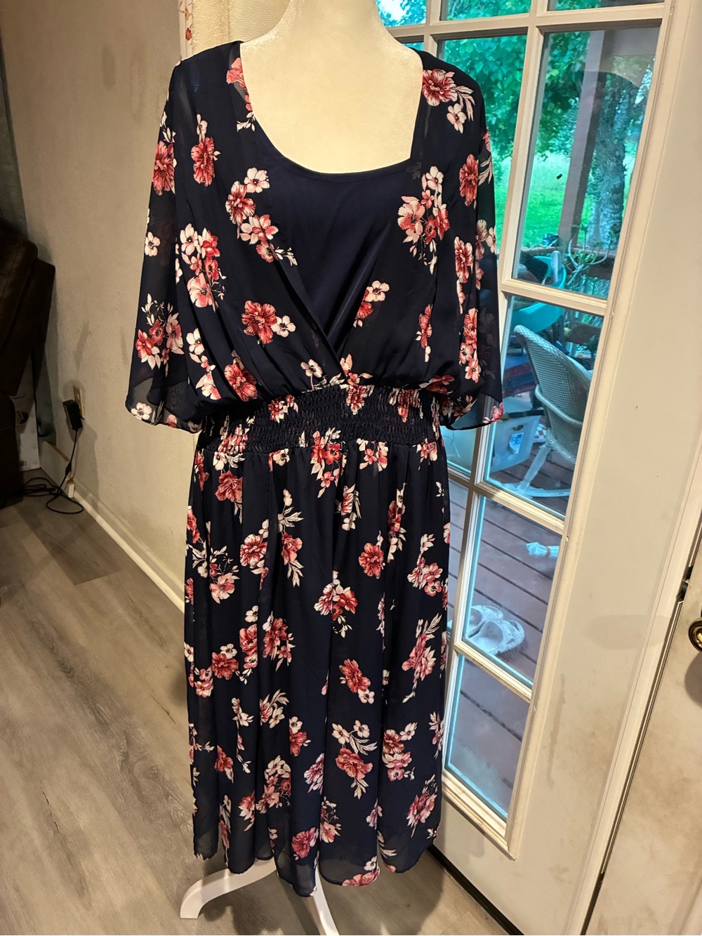 Robbie Bee Navy Floral Midi Dress with Pink Blooms
